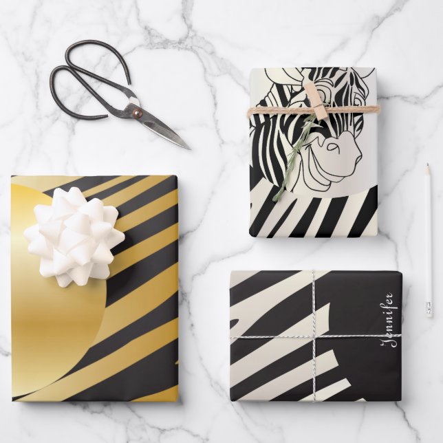 Monogram Black and White Striped Zebra Pattern Wrapping Paper Sheet (Front)