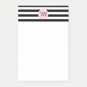 Monogram Black and White with Pink Striped Post-it Notes