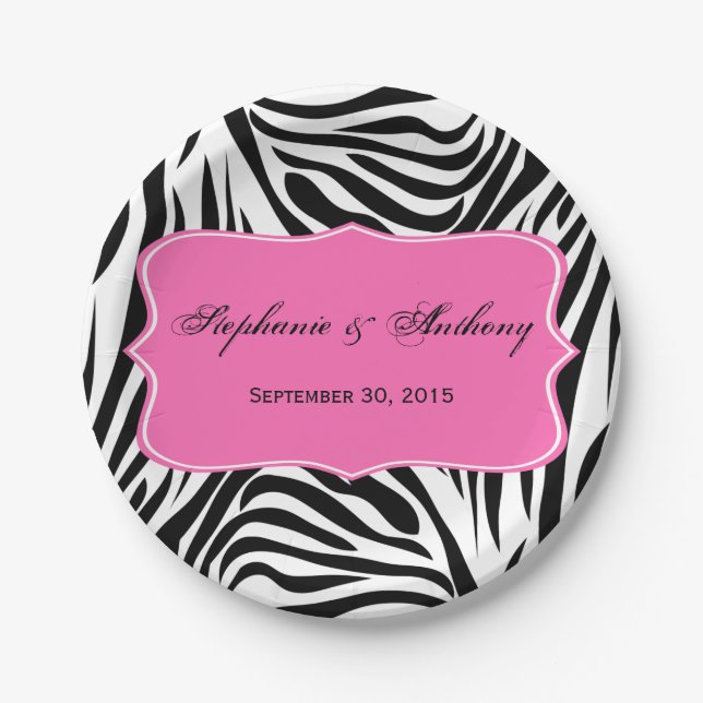 Monogram Black and White Zebra Print and Hot Pink Paper Plate (Front)