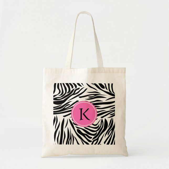 Monogram Black and White Zebra Print with Hot Pink Tote Bag (Front)