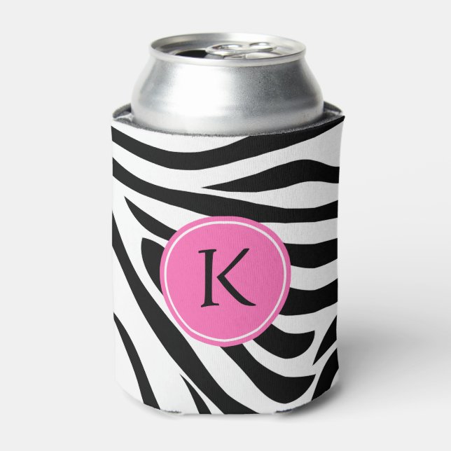 Monogram Black and White Zebra with Hot Pink Can Cooler (Can Front)