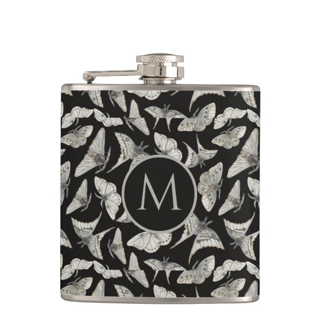 Monogram Black Beige Moth Bug Pattern Hip Flask (Front)