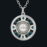 Monogram Black, Blue and Gold Las Vegas Style Silver Plated Necklace<br><div class="desc">Monogram Necklace. Monogram Black, Blue and Gold Las Vegas Style design ready for you to personalise. ✔Note: Not all template areas need changed. 📌If you need further customisation, please click the "Click to Customise further" or "Customise or Edit Design" button and use our design tool to resize, rotate, change text...</div>