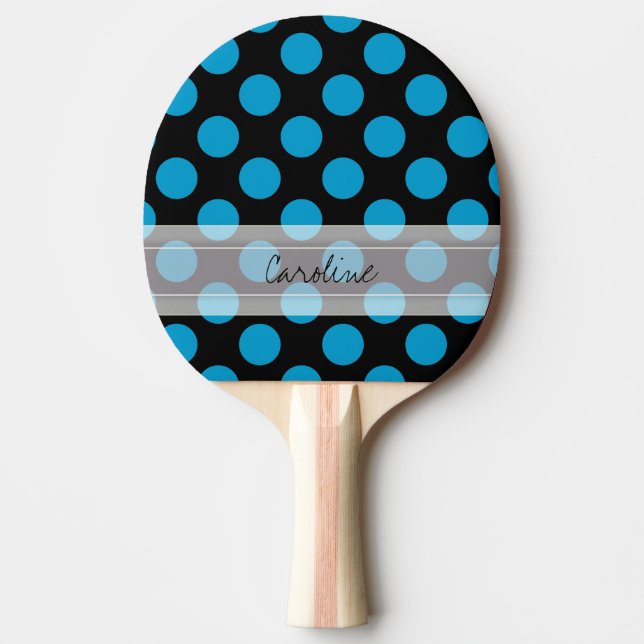 Monogram Black Blue Chic Polka Dot Pattern Ping Pong Paddle (Front)
