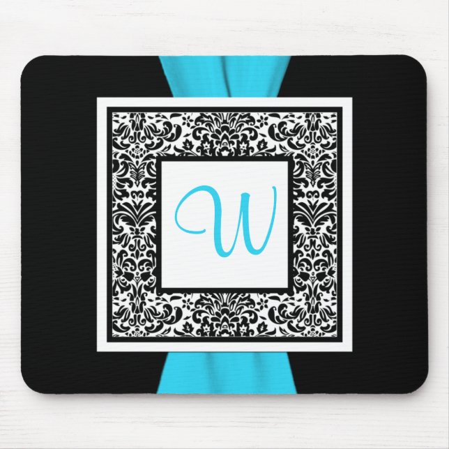 Monogram Black, Blue, White Damask Mousepad (Front)