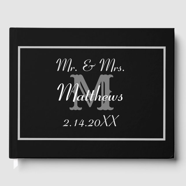 Monogram Black Bride Groom Date Wedding  Guest Book (Front)