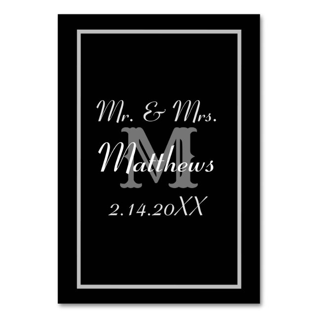 Monogram Black Bride Groom Date Wedding  Table Number (Front)
