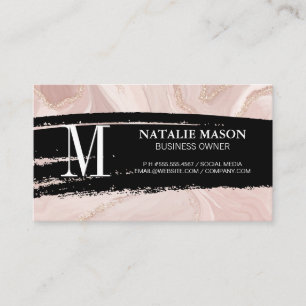 Monogram Black Brushed Pink Marble Gold Flake Business Card