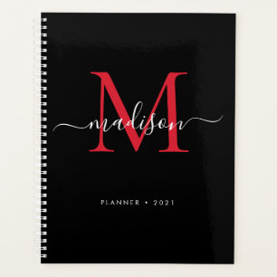 Monogram Black Burgundy Girly Script Name 2021 Planner