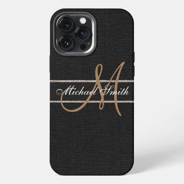 Monogram Black Burlap Linen Rustic Jute iPhone Case (Back)