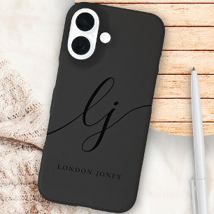 Monogram Black Calligraphy Script Initials Elegant iPhone 16 Case