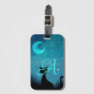 Monogram black cat starry sky illustration  luggage tag