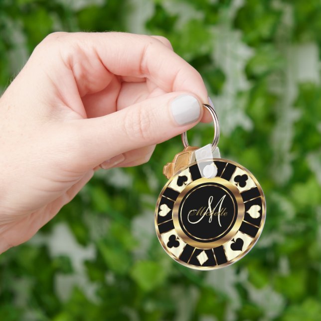 Monogram Black, Cream Ivory and Gold Las Vegas Key Ring (Hand)