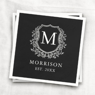 Monogram Black Crest Modern Botanical Wedding  Napkin