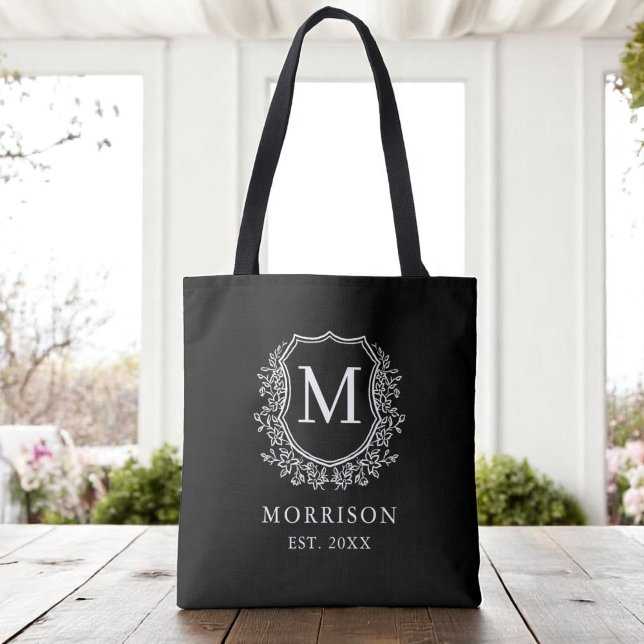 Monogram Black Crest Modern Botanical Wedding  Tote Bag (Creator Uploaded)