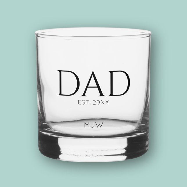 Monogram Black Dad Typography Whiskey Glass (Dad Established Year Whiskey glass. Perfect for Fathers Dad, birthdays or new dad gifts)