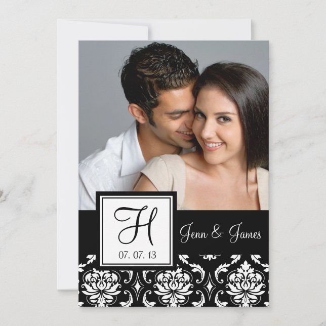 Monogram Black Damask Photo Save the Date (Front)