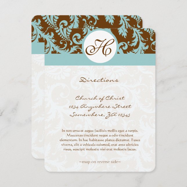 Monogram Black Damask Swirl Wedding Direction Card (Front/Back)