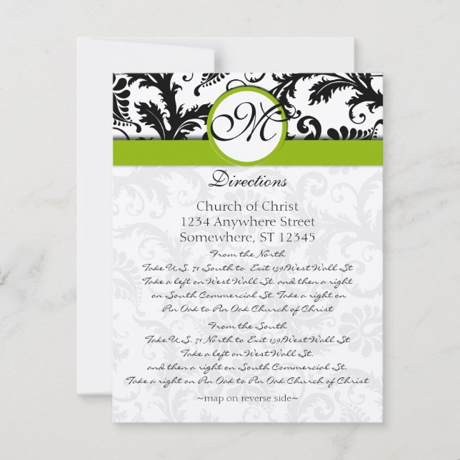 Monogram Black Damask Swirl Wedding Direction Card (Front)