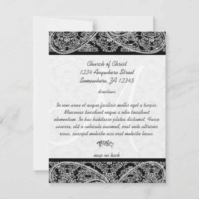 Monogram Black Damask Wedding Direction Card (Front)