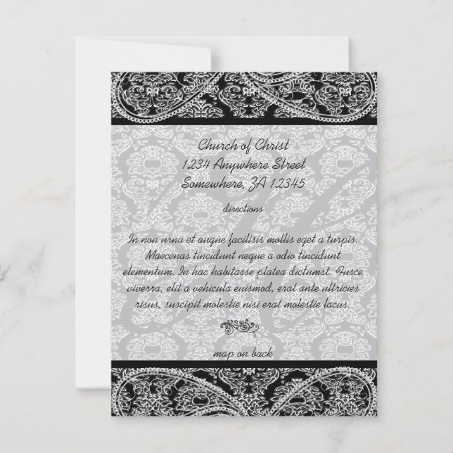 Monogram Black Damask Wedding Direction Card (Front)