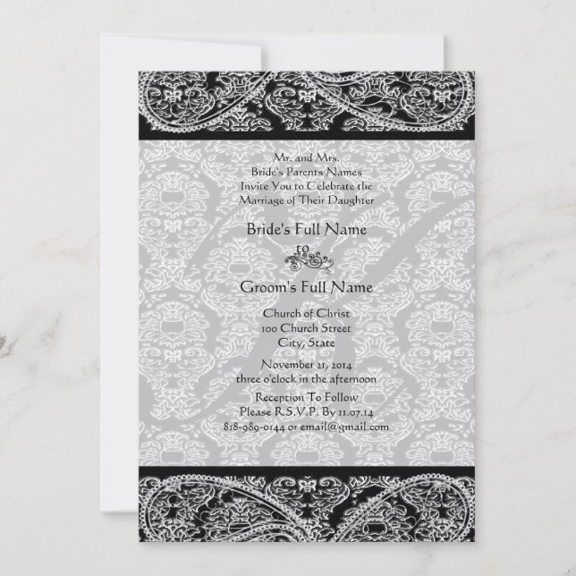 Monogram Black Damask Wedding Invitation (Front)