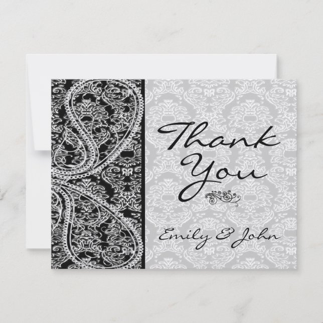 Monogram Black Damask Wedding Thank You Cards (Front)