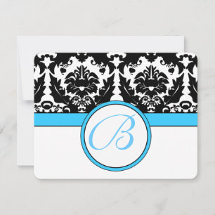 Monogram Black Damask with Teal Aqua Blue Trim RSVP Card