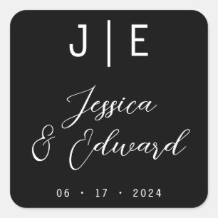 Monogram Black Elegant Script Couple Name Modern Square Sticker