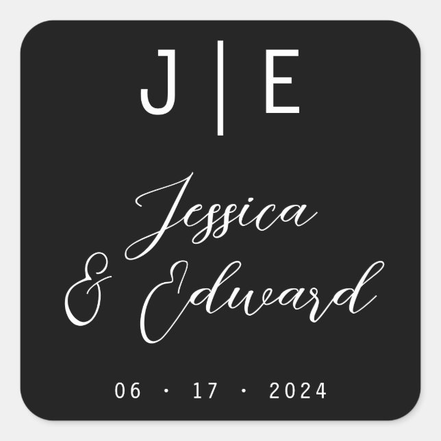 Monogram Black Elegant Script Couple Name Modern Square Sticker (Front)