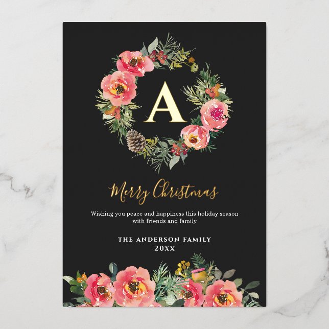 Monogram Black Floral Botanical Wreath Christmas (Front)