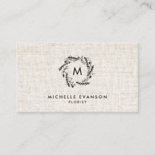 Monogram Black Floral Wreath Tan Linen Florist Business Card