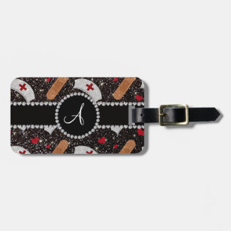 Monogram black glitter nurse hats heart luggage tag