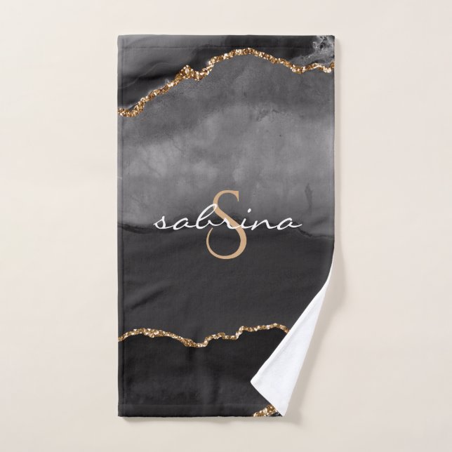 Monogram Black Gold Agate Geode Hand Towel (Hand Towel)