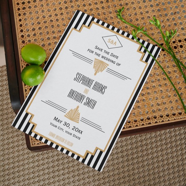 Monogram Black, Gold and White Art Deco Wedding Announcement Postcard (Creator Uploaded)