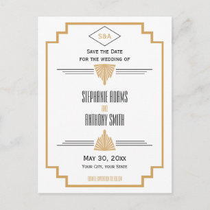 Monogram Black, Gold and White Art Deco Wedding Announcement Postcard