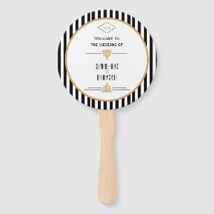 Monogram Black, Gold and White Art Deco Wedding Hand Fan