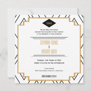 Monogram Black, Gold and White Art Deco Wedding Invitation