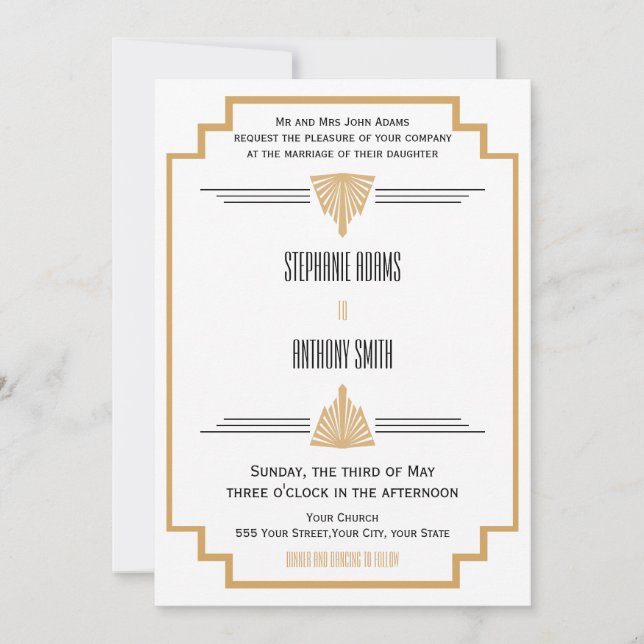Monogram Black, Gold and White Art Deco Wedding Invitation (Front)