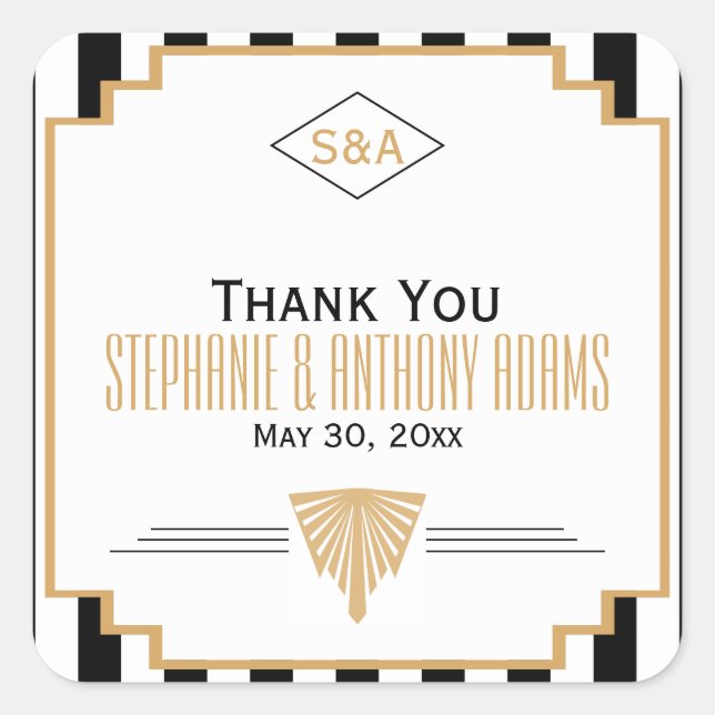 Monogram Black, Gold and White Art Deco Wedding Square Sticker (Front)
