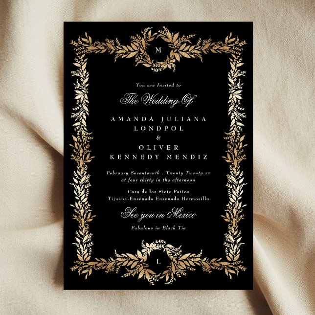 monogram black & gold botanical frame wedding invitation (Creator Uploaded)