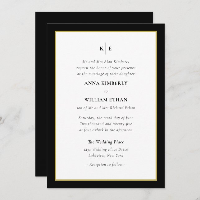 Monogram Black Gold - Bride Wedding Invitation (Front/Back)
