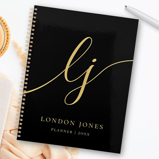 Monogram Black Gold Calligraphy Initials Business Planner (Creator Uploaded)