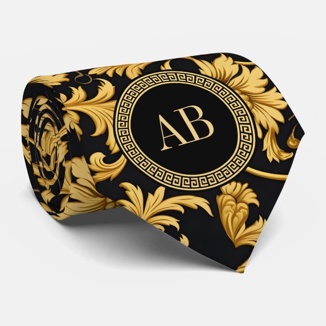 Monogram Black Gold Classy Elegant Pattern Tie (Rolled)