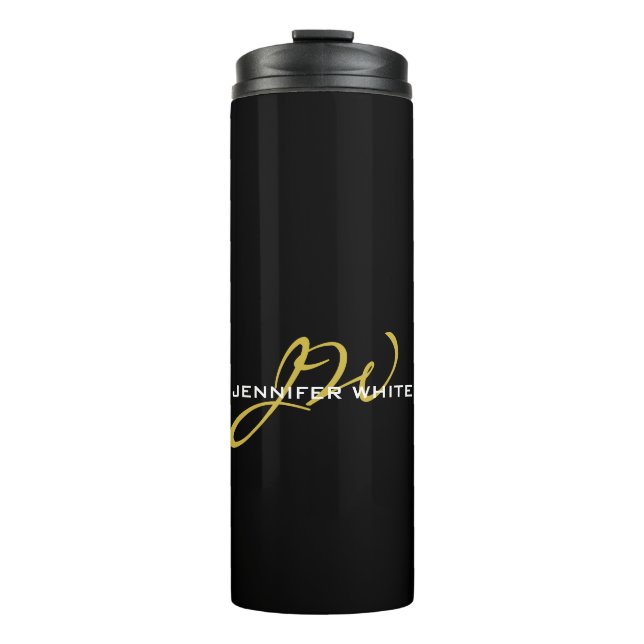 Monogram Black Gold Colour Plain Modern Own Name Thermal Tumbler (Front)
