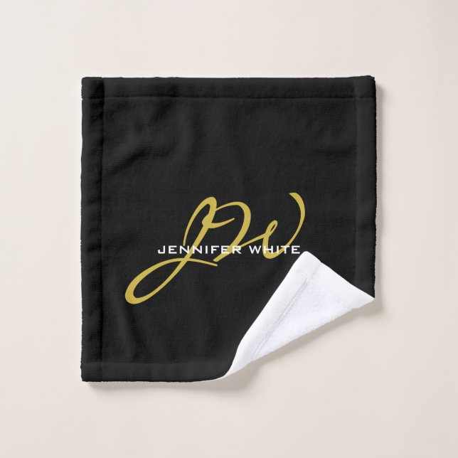 Monogram Black Gold Colour Plain Modern Own Name Wash Cloth (Wash Cloth)