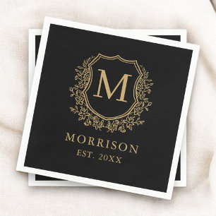 Monogram Black Gold Crest Botanical Wedding  Napkin