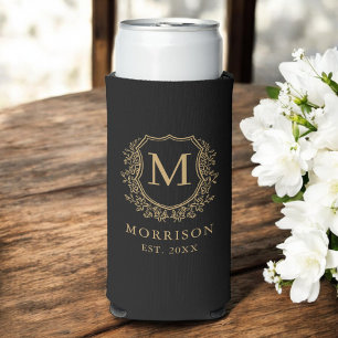 Monogram Black Gold Crest Botanical Wedding Seltzer Can Cooler