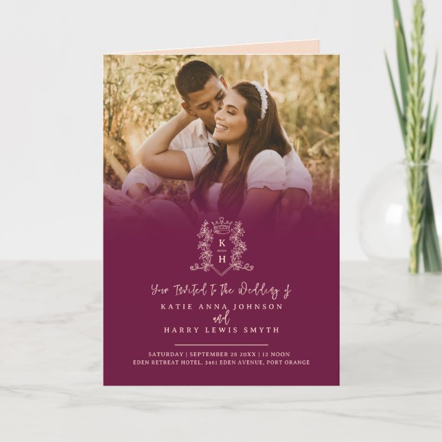 Monogram black gold crown wedding meal option RSVP Invitation (Front)