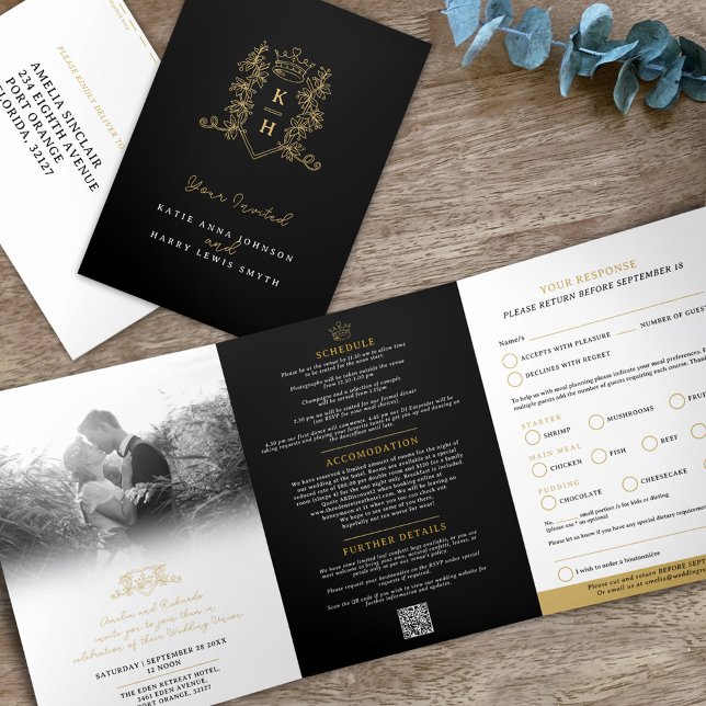 Monogram black gold crown wedding meal option RSVP Tri-Fold Invitation (Creator Uploaded)